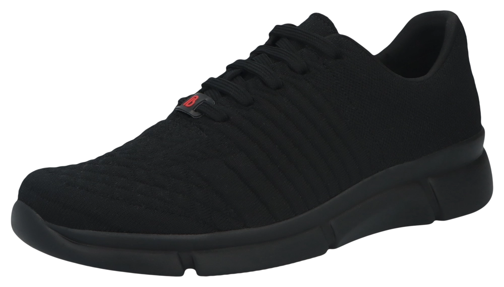 Schwarzer Sneaker von Berkemann, Modell Pinar, aus 3D-AIRKNIT-Material mit durchgehender schwarzer Sohle und Schnürung, Seitenansicht auf weißem Hintergrund.