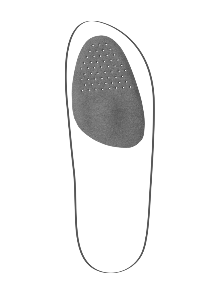 Abbildung einer Halbsohle von Berkemann. Die graue, perforierte Einlage bedeckt den vorderen Fußbereich und sorgt durch ihre atmungsaktive Oberfläche für ein angenehmes Fußklima und zusätzliche Dämpfung im Ballenbereich.