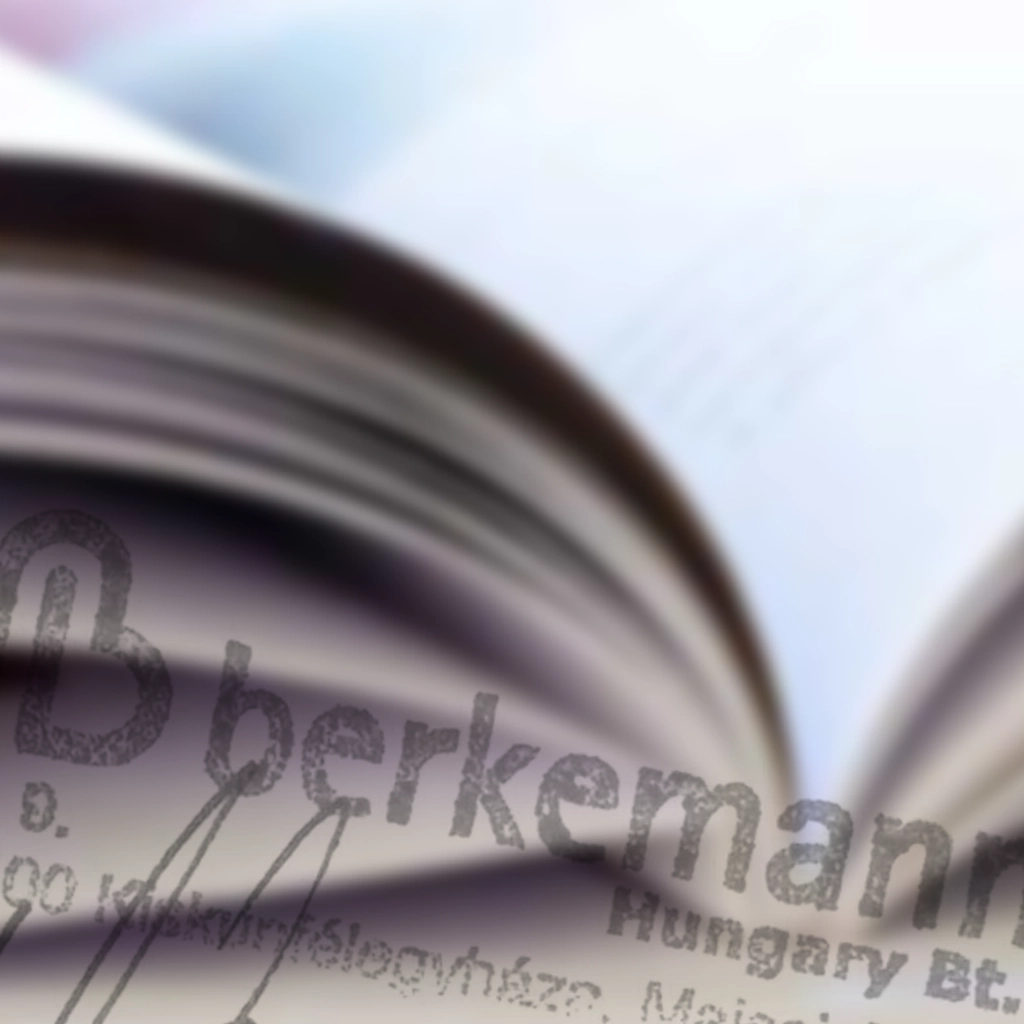 Aufgeschlagenes Buch in Nahaufnahme; die Seiten wölben sich sanft nach oben, im Vordergrund unscharf das Berkemann-Logo.