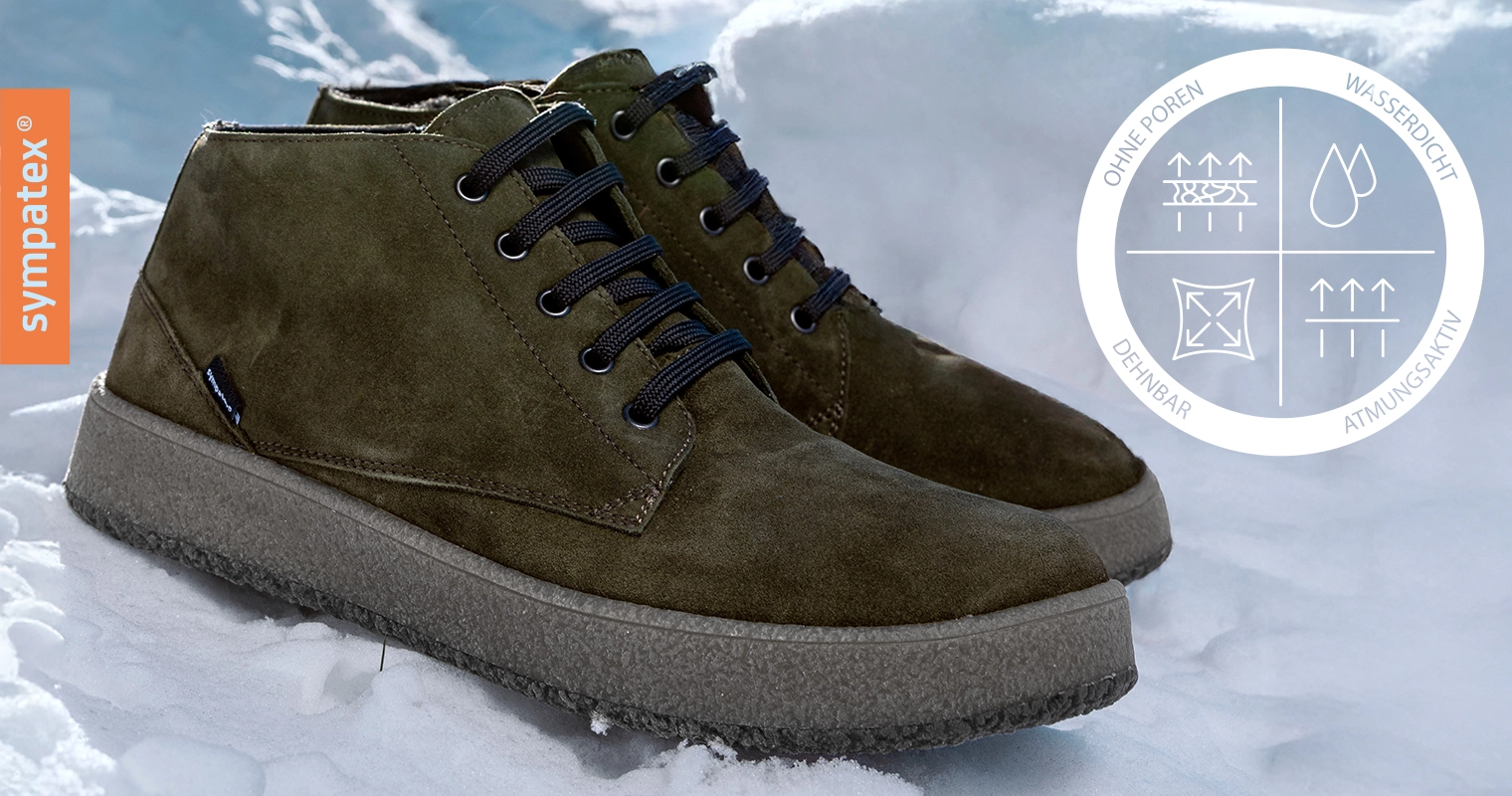 Schnürschuh Theodor von Berkemann mit Sympatex-Ausstattung, Seitenansicht, khaki-grünes Obermaterial mit Schnürung und profilierter Sohle; Icon-Hinweis auf wasserdichte, atmungsaktive und dehnbare Eigenschaften.