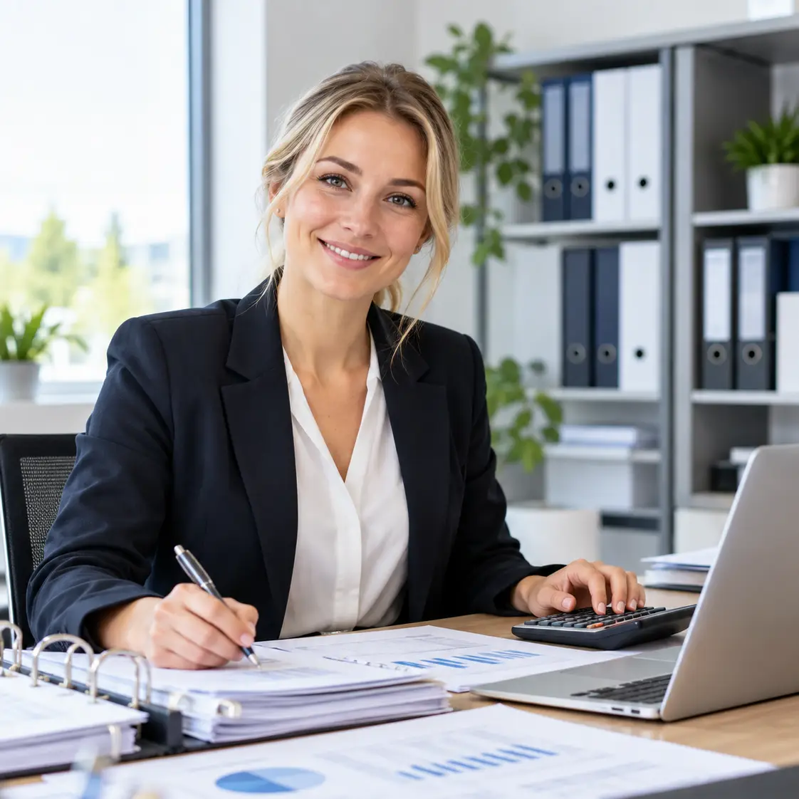 Frau im Büro bei der Arbeit mit Laptop, Taschenrechner und Finanzunterlagen.