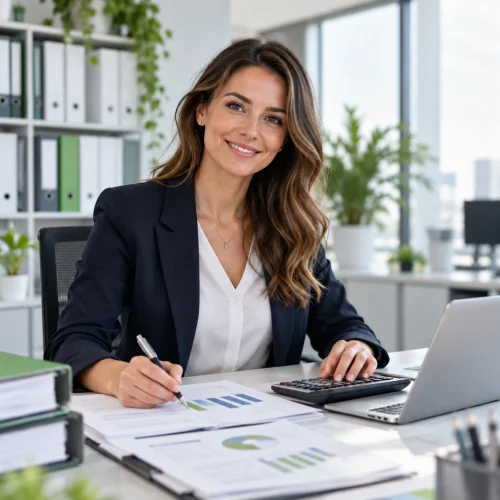 Frau im Büro bei der Arbeit mit Laptop, Taschenrechner und Finanzunterlagen.
