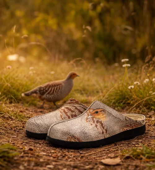 abendliche Sommerstimmung Rebhuhn im Hintergrund - im Vordergrund mit Rebhuhn bedruckter Berkemann Clog