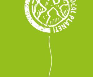 Grüne Grafik mit weißem, kreisförmigem Aufdruck in Ballonform. Im Kreis steht der Schriftzug ‚Support your local planet!‘, in der Mitte ist eine stilisierte Weltkugel zu sehen, darunter eine weiße, dünne Linie als Ballonschnur.